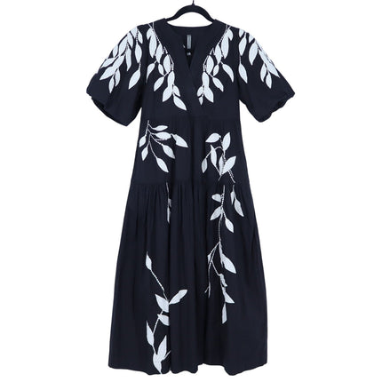 Anthropologie Embroidery Applique Midi Dress Black Puff Sleeve Women's XS