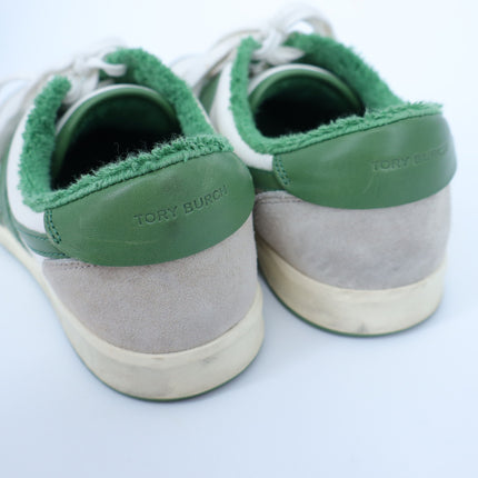 TORY BURCH Hank Court Sneakers White Green Lace Up Low Top Women's 8.5