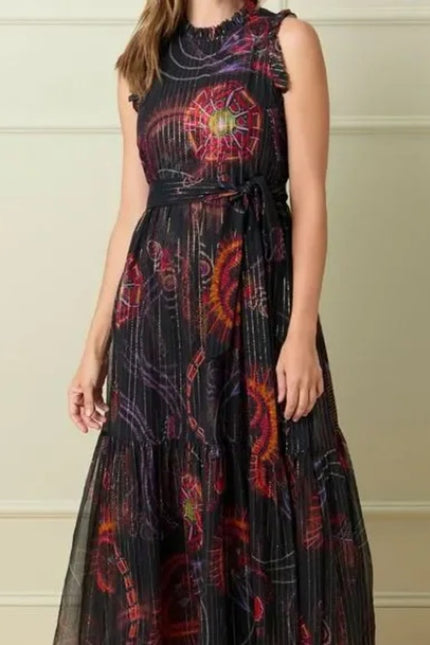 MARIE OLIVER Alice Maxi Dress High Neck Sleeveless Silk Lurex Black Women's S