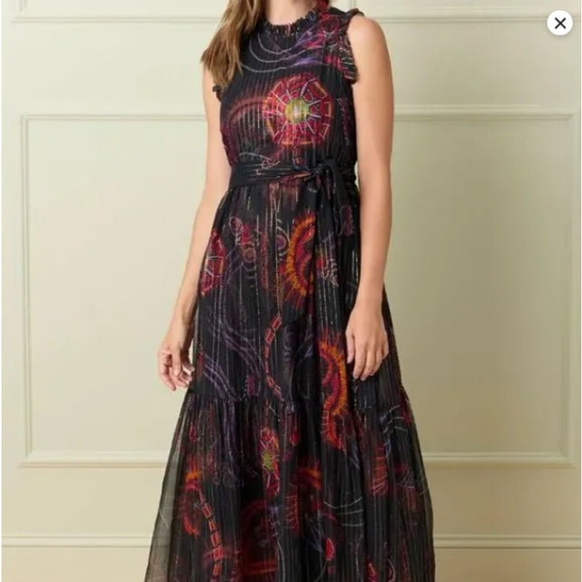 MARIE OLIVER Alice Maxi Dress High Neck Sleeveless Silk Lurex Black Women's S
