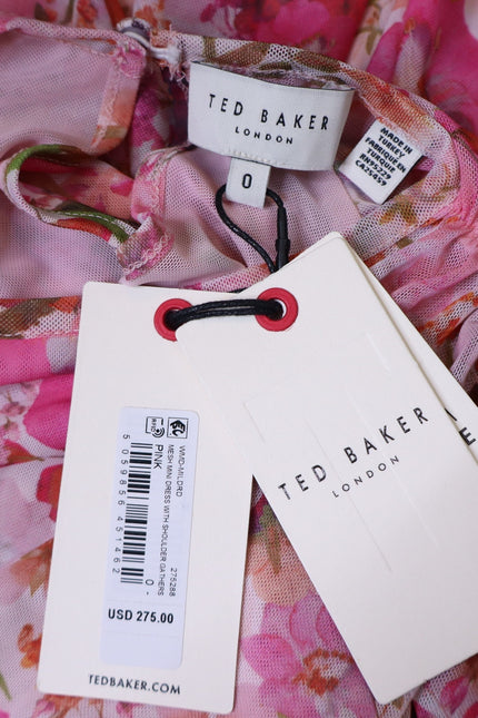 TED BAKER NWT Mildrd Mesh Mini Dress Pink Ruffle Shoulder Gathers Women's 0