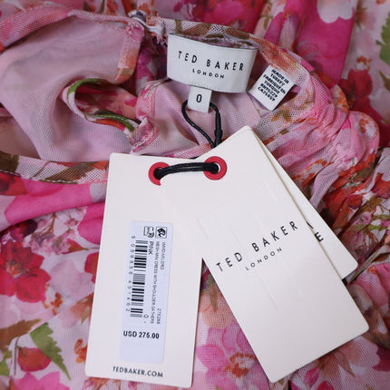 TED BAKER Mildrd Mesh Mini Dress NWT Pink Ruffle Shoulder Gathers Women's 0