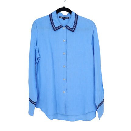 Jupe by Jackie Hand Embroidered Linen Shirt Blue Button Up Long Sleeve Women's L