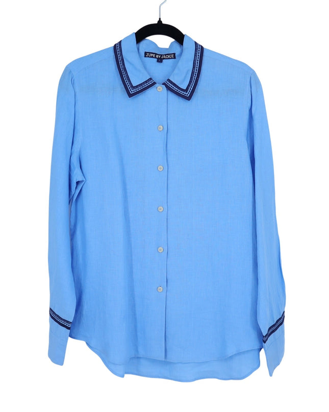 Jupe by Jackie Hand Embroidered Linen Shirt Blue Button Up Long Sleeve Women's L
