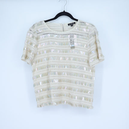 J. Crew Sequin Open Knit Top Cream NWT Round Neck Short Sleeve Women's S