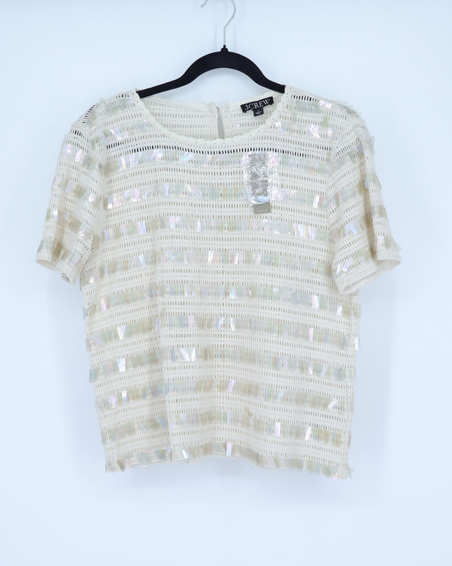 J. Crew Sequin Open Knit Top Cream NWT Round Neck Short Sleeve Women's S