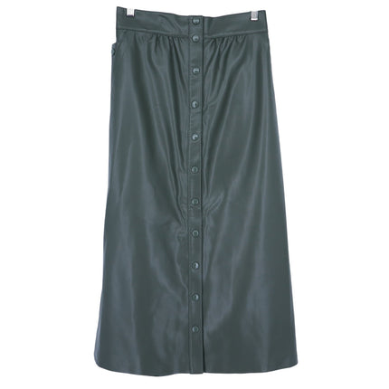 Sea NYC Lena Vegan Leather Skirt Green Midi A Line Full Button Front Women's 6