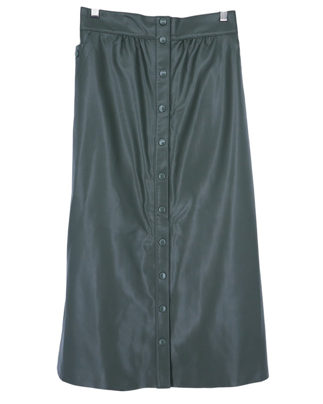 Sea NYC Lena Vegan Leather Skirt Green Midi A Line Full Button Front Women's 6