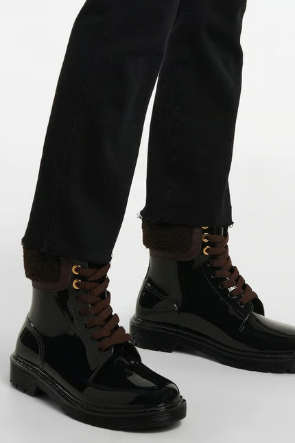 SEE BY CHLOÉ Florrie Shearling Rain Boots Black Brown Combat Women's 39/US 8