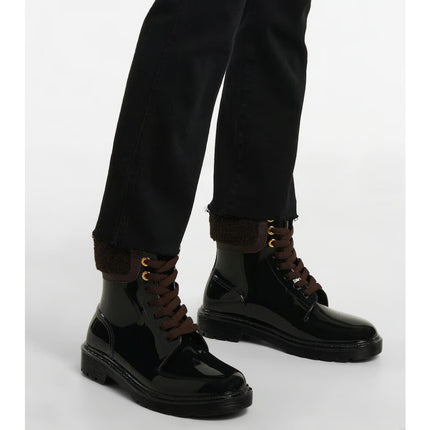 SEE BY CHLOÉ Florrie Shearling Rain Boots Black Brown Combat Women's 39/US 8