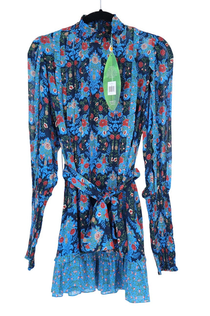 FARM RIO Blue Arabesque Dress NWT Floral High Neck Long Sleeve Women's XXS