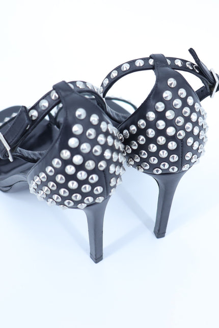 SAINT LAURENT Jane Studded Sandal Black Leather Heels Women's 35.5/US 5.5