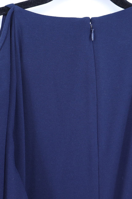 HALSTON HERITAGE Navy Blue Asymmetrical Gown Metal One Sleeve Women's 10