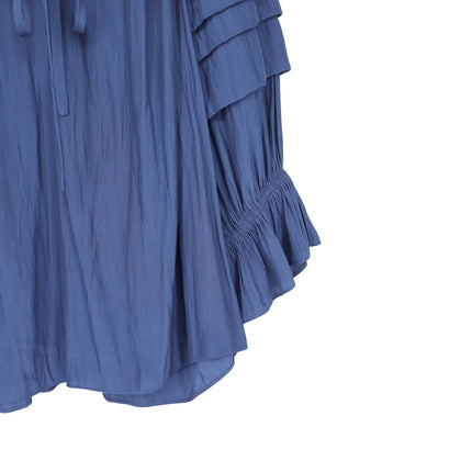 Ramy Brook Randi Puff Sleeve Top Navy Blue Split Tie Neck Satin Women's M