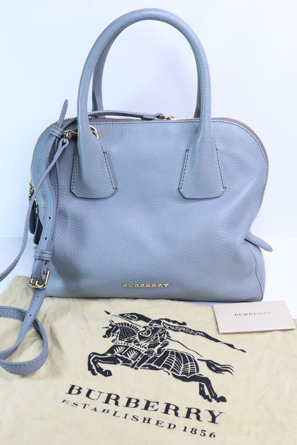 BURBERRY Greenwood Bowling Bag Grey Pebbled Leather with Plaid Lining Crossbody
