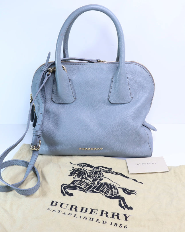 BURBERRY Greenwood Bowling Bag Grey Pebbled Leather with Plaid Lining Crossbody