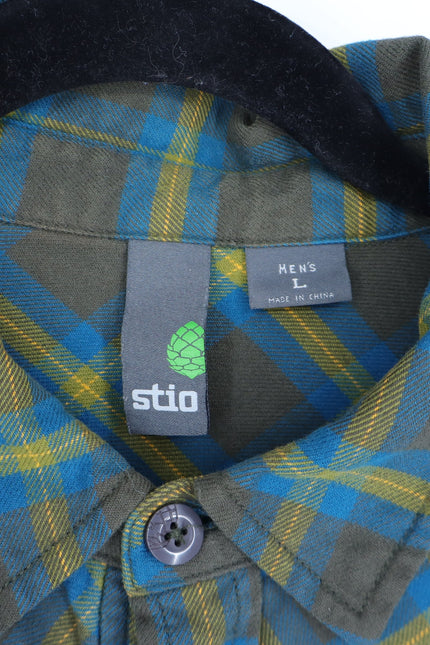 STIO Plaid Flannel Button Up Shirt Brown and Yellow Cotton Long Sleeve Men's L