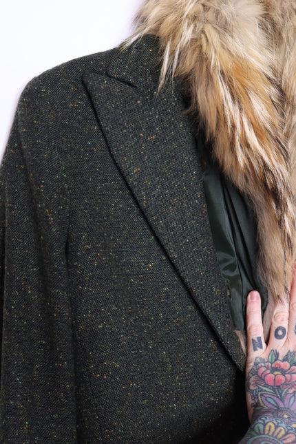 THEORY Tweed Blazer Olive Green Removable Rabbit Fur Collar Jacket Women's 8