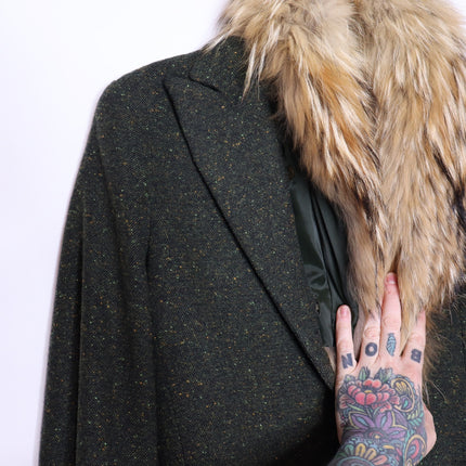 THEORY Tweed Blazer Jacket NWOT Olive Green Removable Rabbit Fur Collar Women's 8
