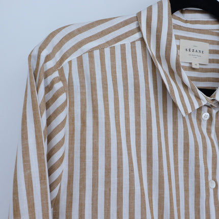 Sezane Tomboy Shirt Ecru Camel Stripes Button Up Long Sleeve Women's 44/US 12