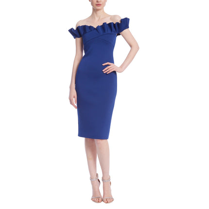 BADGLEY MISCHKA Ruffled Off-Shoulder Sheath Dress Navy Stretch Scuba Women's 4