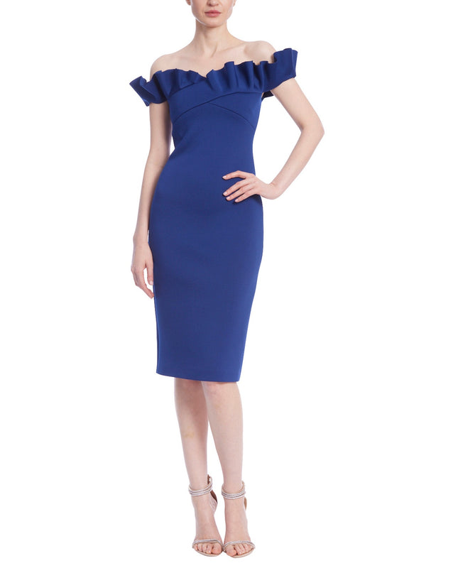 BADGLEY MISCHKA Ruffled Off-Shoulder Sheath Dress Navy Stretch Scuba Women's 4