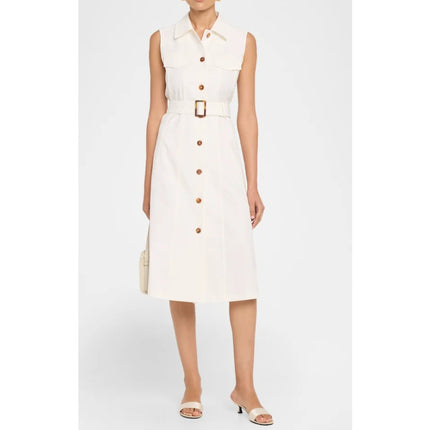 Lafayette 148 Stretch Twill Belted Shirtdress Sea Salt White Midi Women's XS