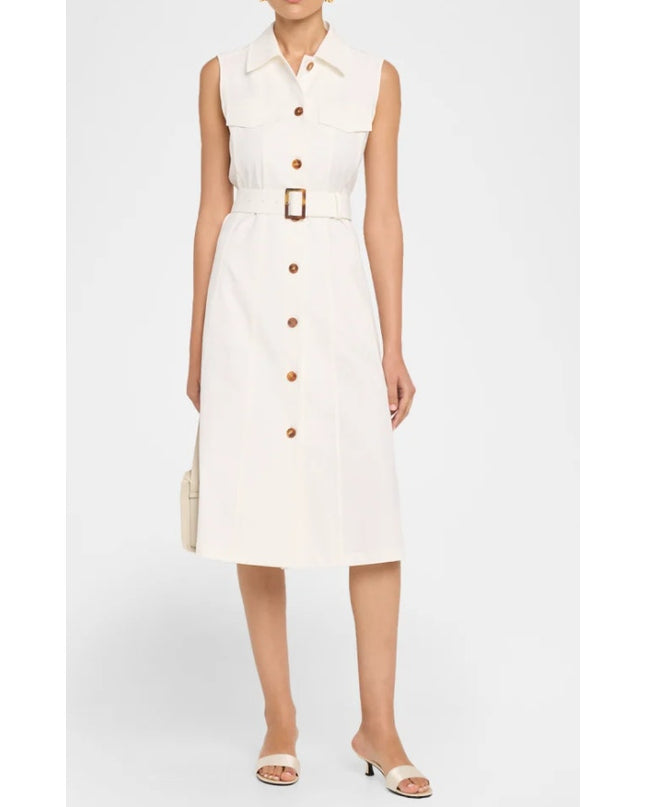 Lafayette 148 Stretch Twill Belted Shirtdress Sea Salt White Midi Women's XS