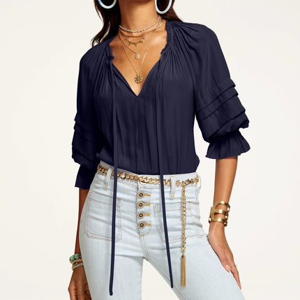 Ramy Brook Randi Puff Sleeve Top Navy Blue Split Tie Neck Satin Women's M