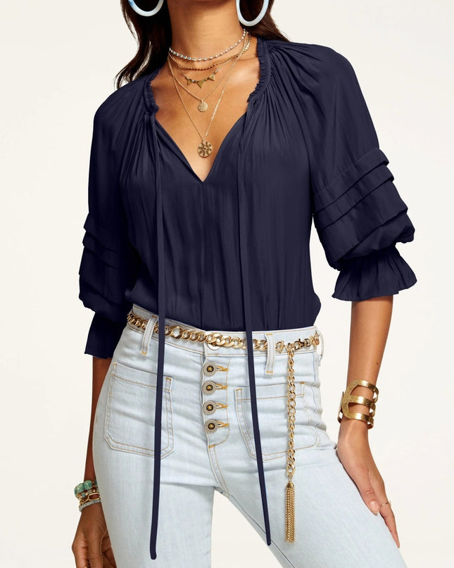Ramy Brook Randi Puff Sleeve Top Navy Blue Split Tie Neck Satin Women's M