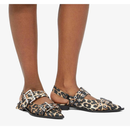 Ganni Leopard Slingback Flats Black Two Buckle Pointed Toe Women's 37/US 7