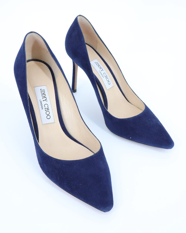 JIMMY CHOO Romy 85 Navy Suede Pointed Pumps Women's 38.5/US 8.5