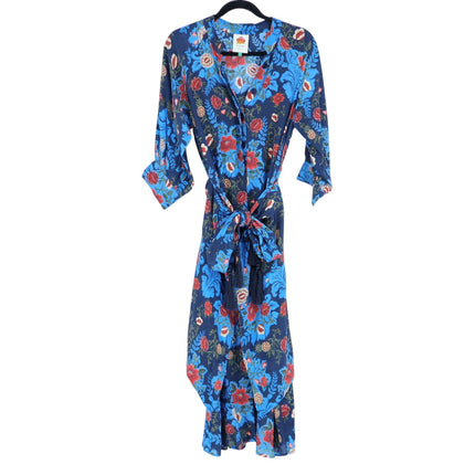 FARM Rio Arabesque Floral Midi Dress Blue Wrap Tie Puff Sleeve Women's S