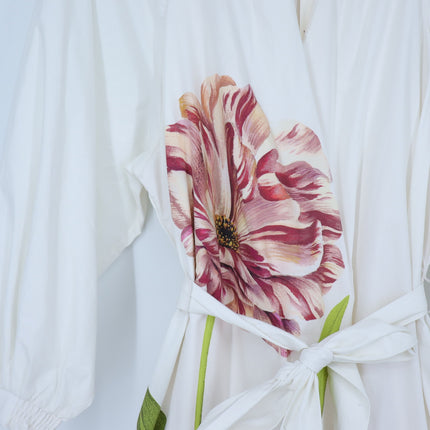 ANTHROPOLOGIE Belted V-Neck Midi Dress White Floral NWT Long Sleeve Women's XS