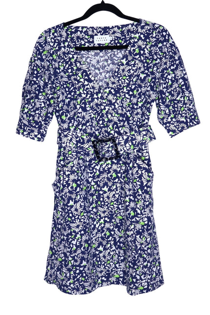 TANYA TAYLOR Coral Floral Linen Mini Dress Blue Belted Puff Sleeve Women's 4