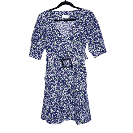 TANYA TAYLOR Coral Floral Linen Mini Dress Blue Belted Puff Sleeve Women's 4