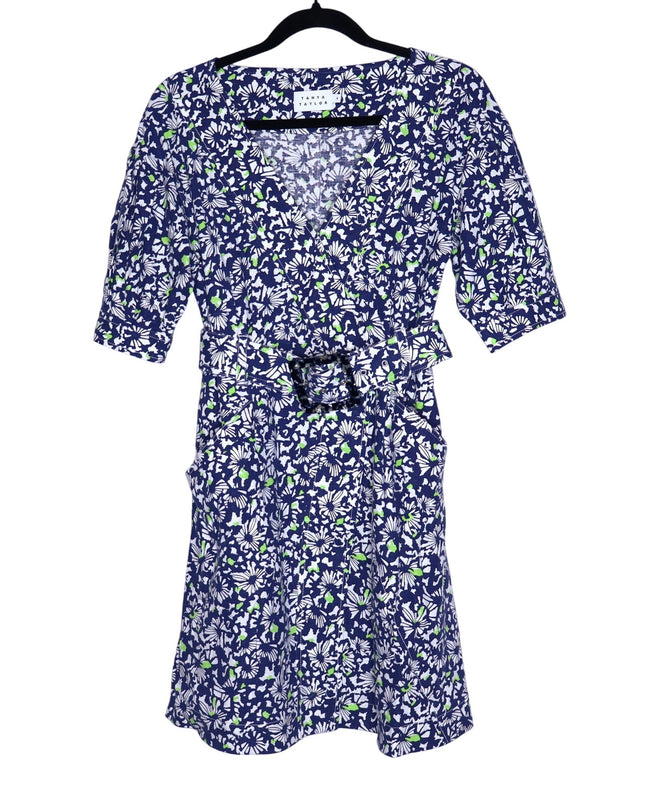 TANYA TAYLOR Coral Floral Linen Mini Dress Blue Belted Puff Sleeve Women's 4