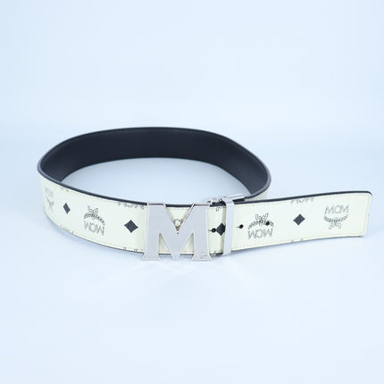MCM Claus M Reversible Belt In Visetos White Gold Logo Print Men's S