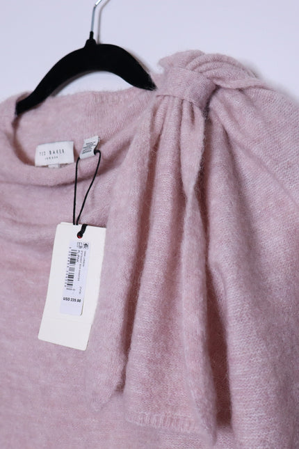 TED BAKER Larbow Statement Bow Sweater Pink Wool Knit Pullover Women's 0/US 2