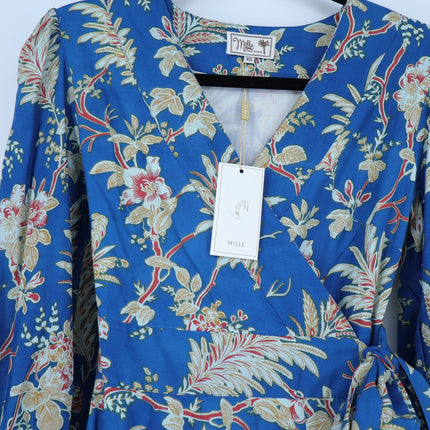 Mille Nan Wrap Dress Blue Floral Cotton Balloon Sleeve Mini Women's XS
