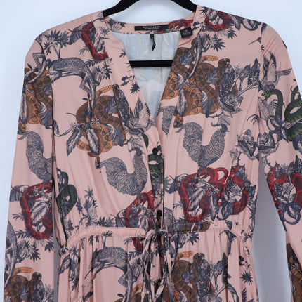 Scotch & Soda Printed Silk Midi Dress Pink Waist Tie Long Sleeve Women's XS