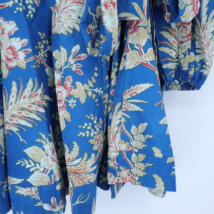 Mille Nan Wrap Dress Blue Floral Cotton Balloon Sleeve Mini Women's XS