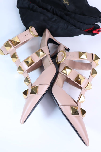 VALENTINO Roman Stud Leather Heeled Sandal Blush Pink Pointed Toe Women's 36