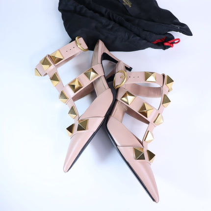 VALENTINO Roman Stud Leather Heeled Sandal Blush Pink Pointed Toe Women's 36
