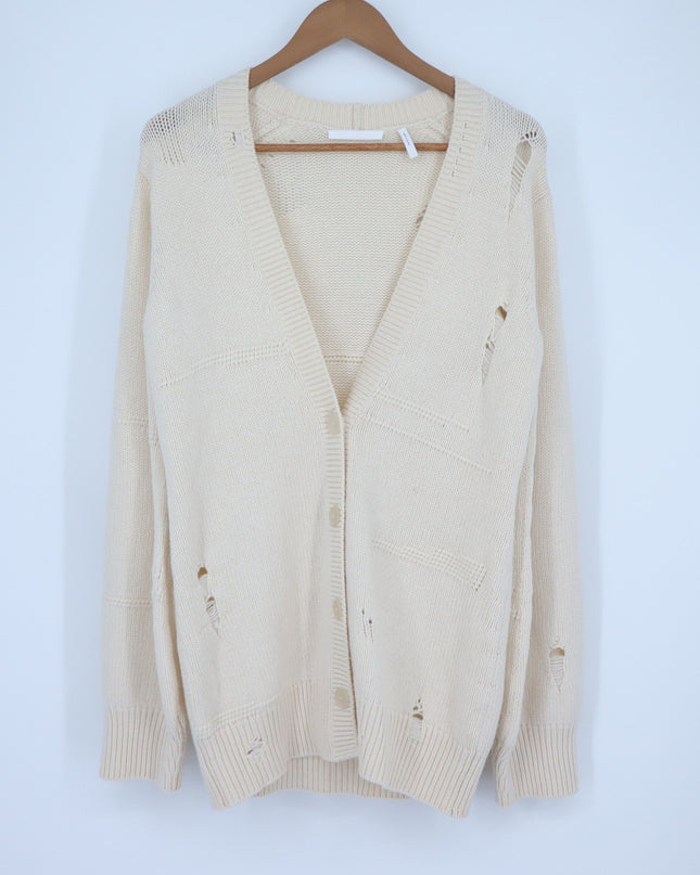 Helmut Lang Distressed Button Up Cardigan Cream Wool Blend Oversized Women's XS
