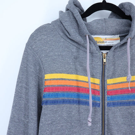Aviator Nation 5 Stripe Zip Up Hoodie Heathered Grey Classic Fit Women's S
