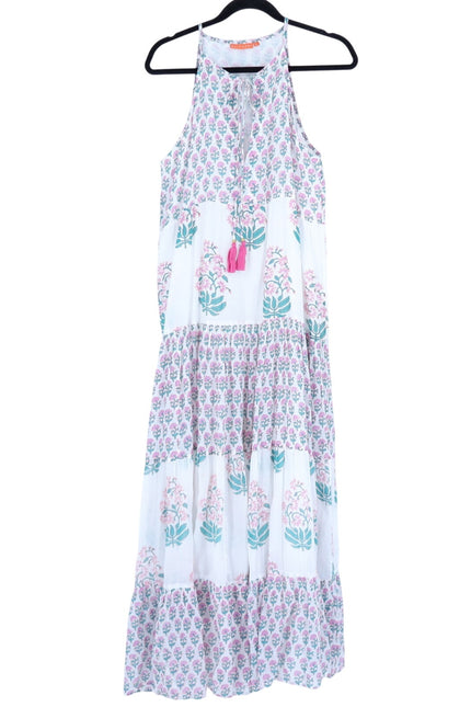 OLIPHANT Long Tiered Tassel Dress White Pastel Ditsy Floral Peasant Women's L