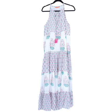 OLIPHANT Long Tiered Tassel Dress White Pastel Ditsy Floral Peasant Women's L