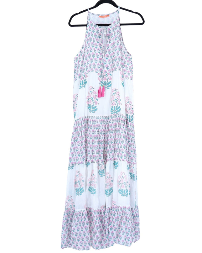 OLIPHANT Long Tiered Tassel Dress White Pastel Ditsy Floral Peasant Women's L