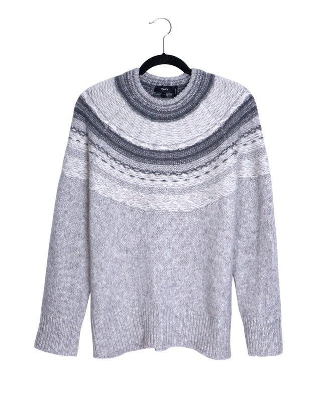THEORY Fair Isle Sweater Melange Light Grey Wool Blend Long Sleeve Women's P/00
